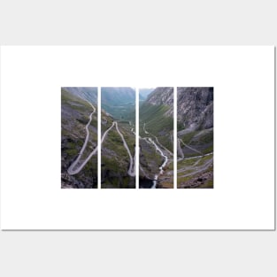 Wonderful landscapes in Norway. Vestland. Beautiful scenery of Trollstigen winding roads and valley on the Geiranger Trollstigen scenic route at midnight sun. Snowed mountains, stream Posters and Art